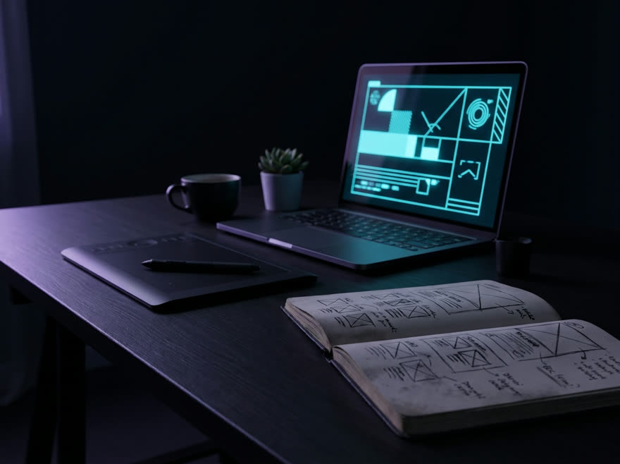 A desk with a sketchbook and a laptop on it