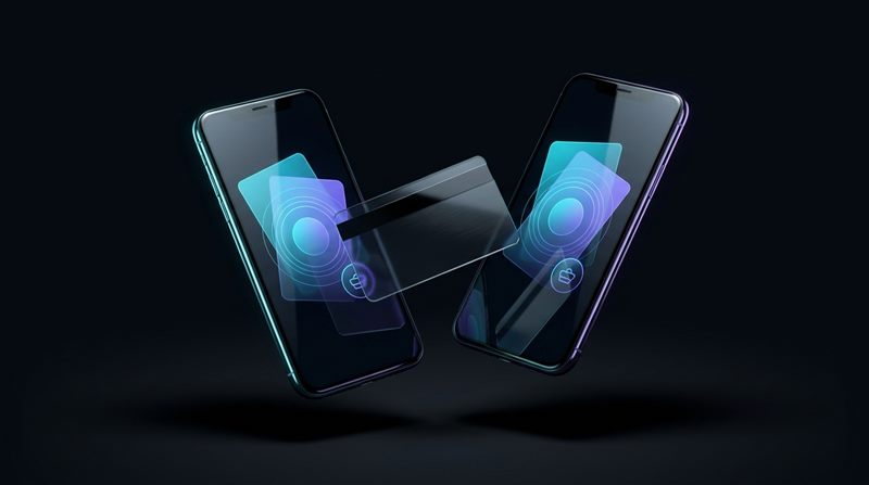 Loyalty app interface on two phones floating in mid-air