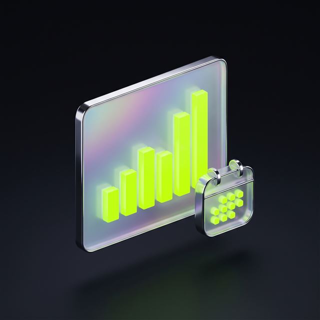 3D render: a reporting dashboard with a rising bar chart and a calendar icon