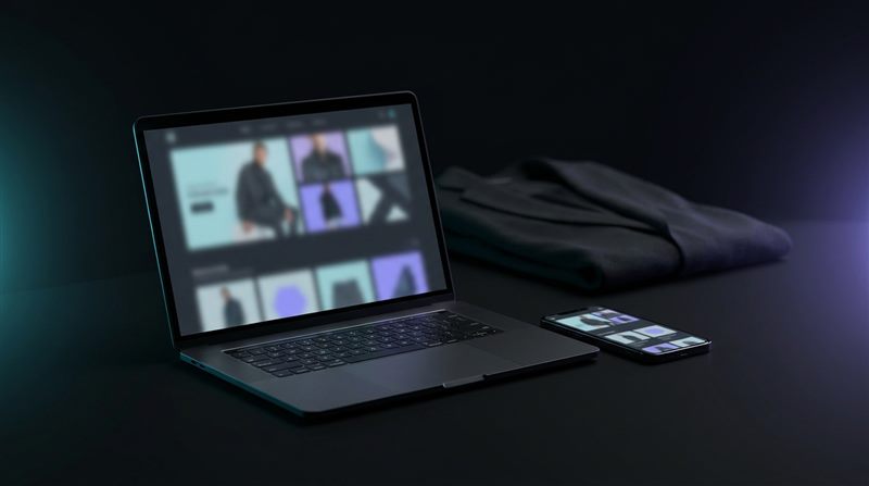 Karanlık stüdyoda dizüstü ve telefon üzerinde moda e-ticaret arayüzü