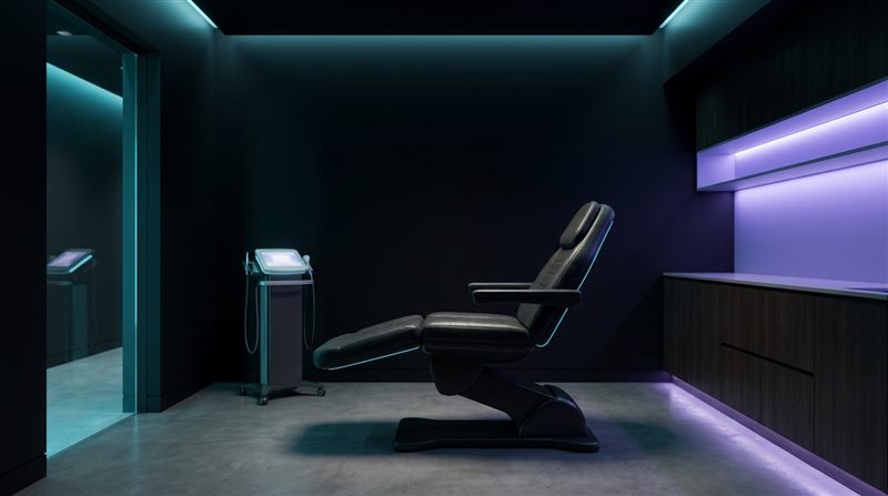 Modern estetik klinik iç mekânı, koyu ve minimal