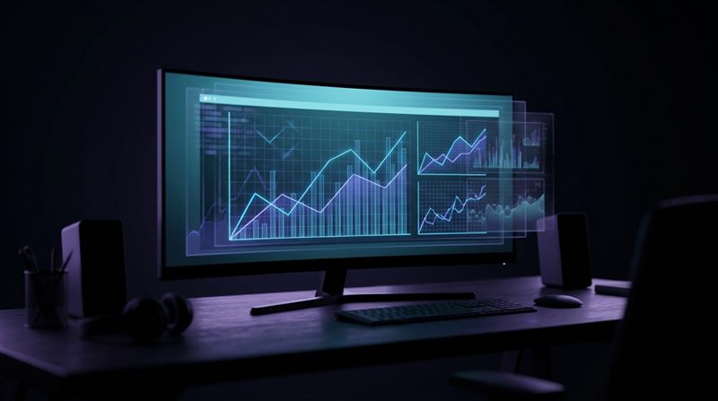 Koyu masada geniş monitörde soyut analiz panosu