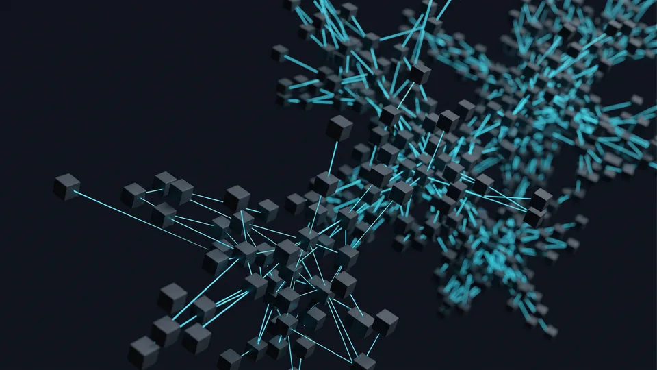 Küçük küplerden oluşan yoğun bir ızgaranın dışa doğru dallanarak çoğalması; artan varyasyon kombinasyonlarını anlatan soyut görsel.