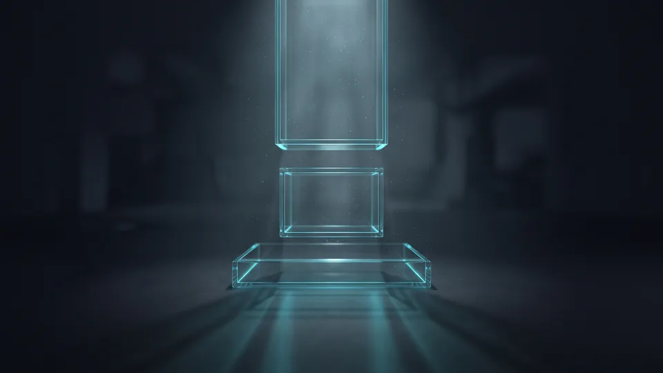 Farklı reklam formatlarını temsil eden geometrik çerçevelerin huni biçiminde dizildiği koyu lacivert soyut sahne