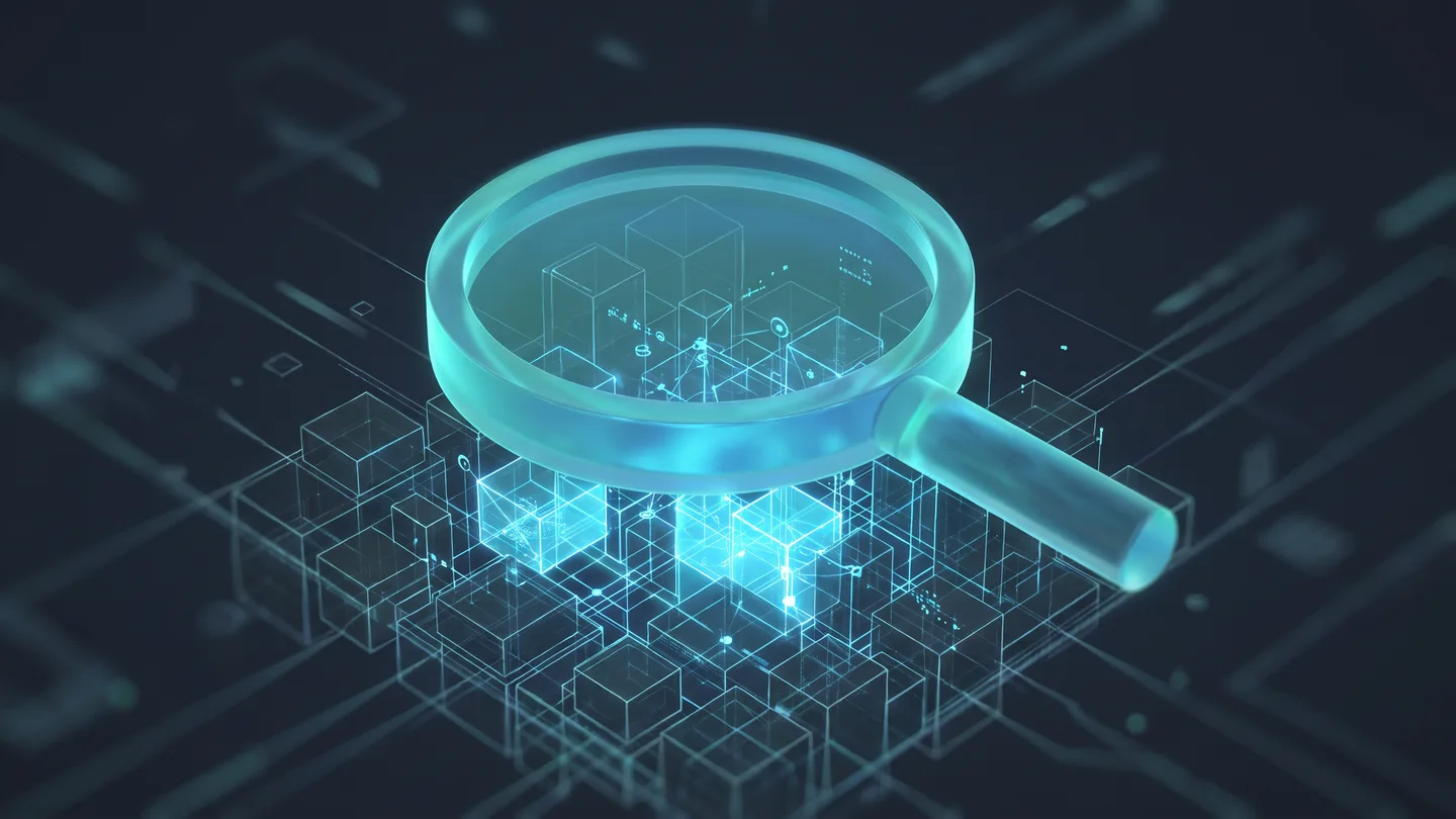 Teknik SEO denetimini temsil eden, site altyapısı katmanlarındaki gizli sorunları inceleyen büyüteç temalı soyut 3B illüstrasyon