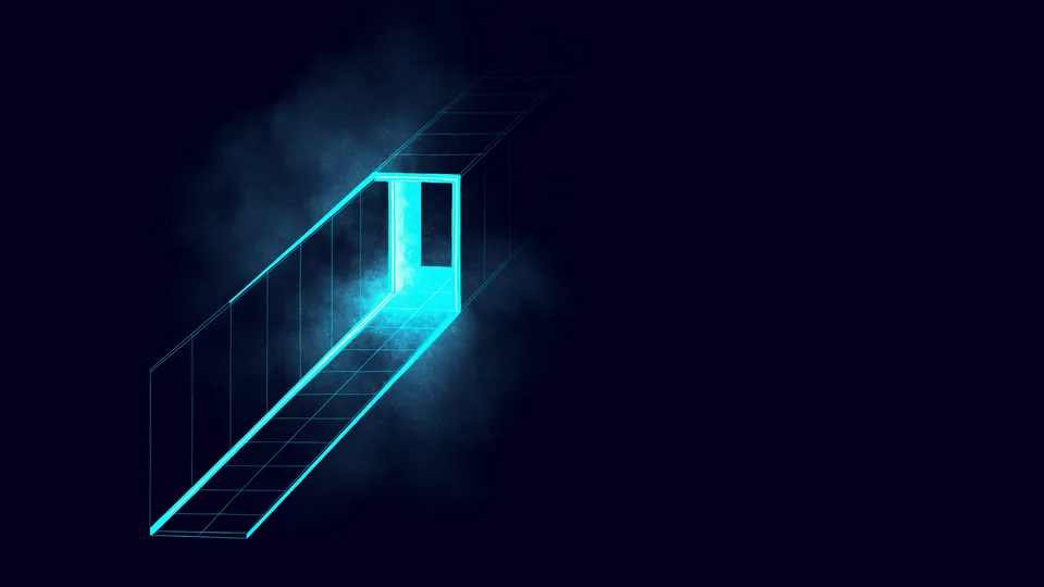 A narrow corridor of light; in the middle of it a bright exit door opens to the side