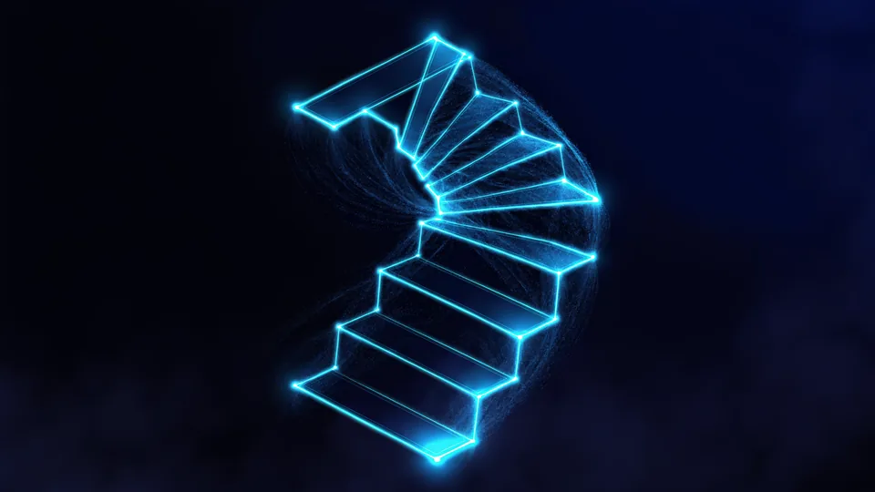 A spiral staircase of illuminated steps rising as it turns about its own axis