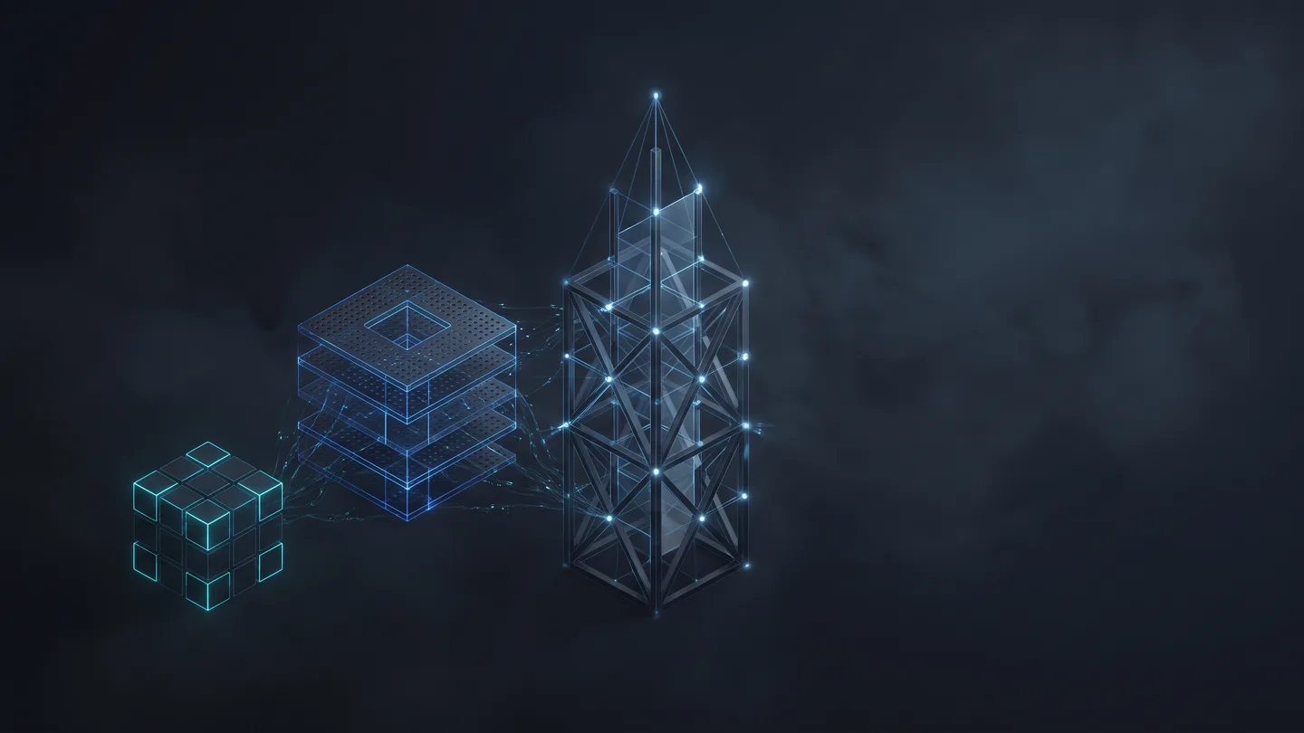 Three abstract structures of steadily rising complexity stand side by side; a simple cube, a layered grid and a tall frame represent the three options for e-commerce infrastructure.