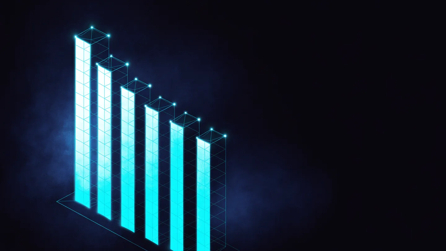 Six lit columns of different heights rising from a common base; the tallest is the brightest