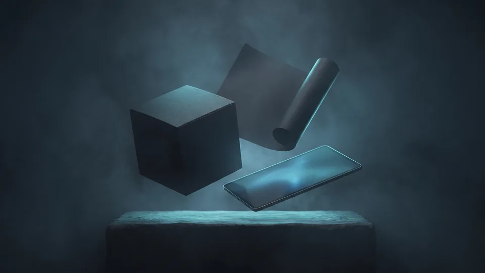 An abstract 3D composition joining packaging, print and digital screen outputs with a single line of light