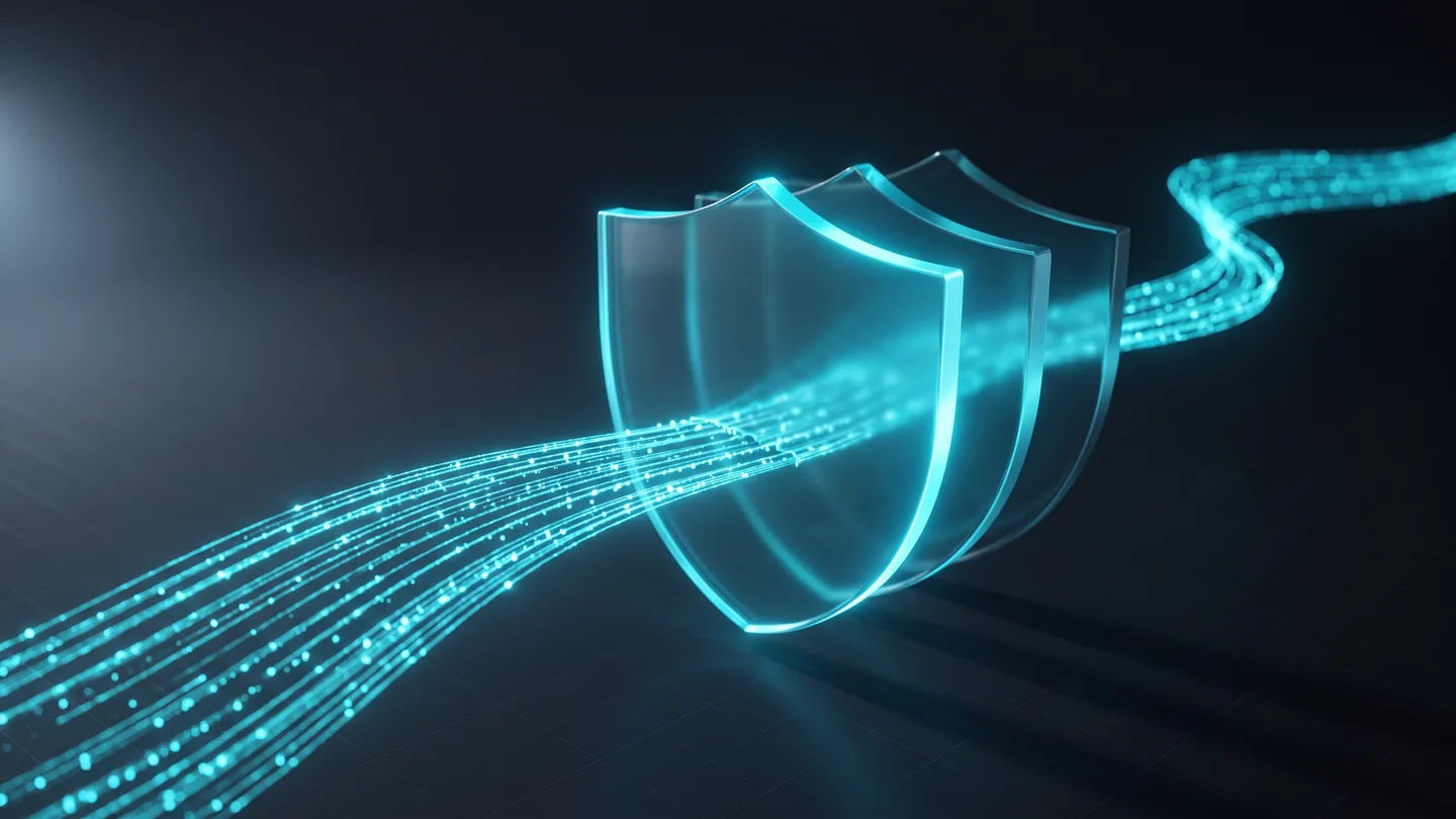 Abstract 3D image with three transparent shields, representing the security layers of online payment collection