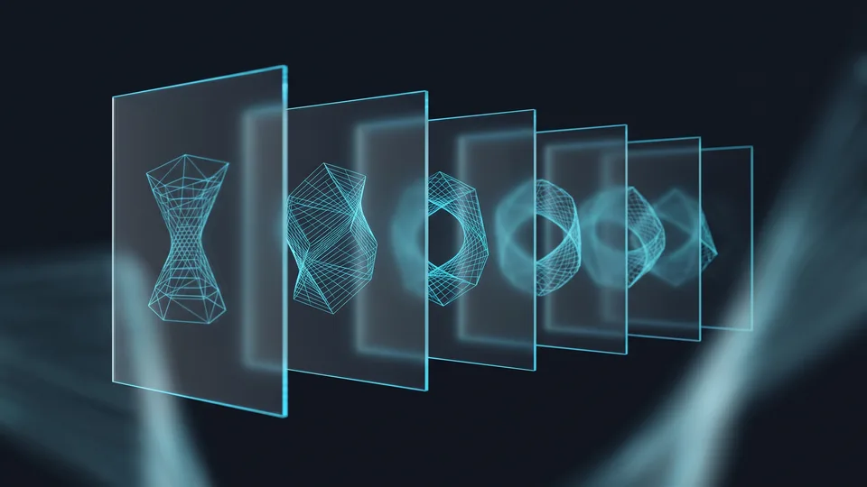 Five transparent panels arranged on a dark ground, showing the same form from different angles