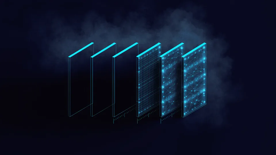Six upright panels of the same size side by side; the first three empty frames, the last three filled with dense texture, with scale notches beneath them