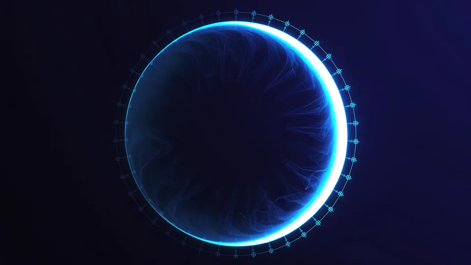 A closed ring of light with evenly spaced nodes around it; one side of the ring dim, the opposite side bright
