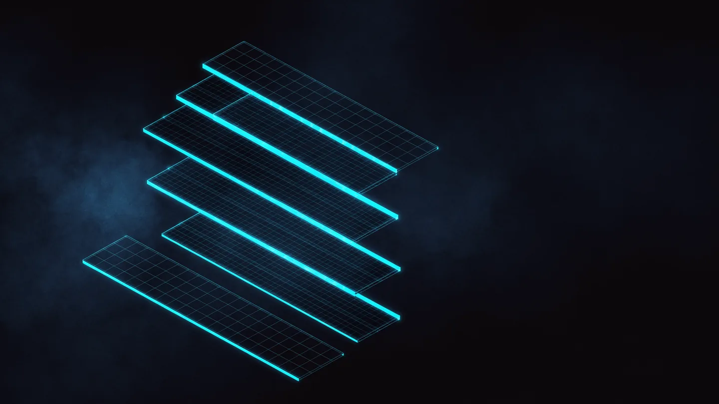 Long illuminated blocks stepping up by overlapping at their ends, each block sitting at a different depth