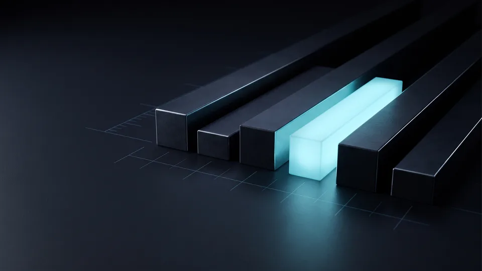 An abstract decision-table image of five measurement bars at different heights, one picked out in cyan light