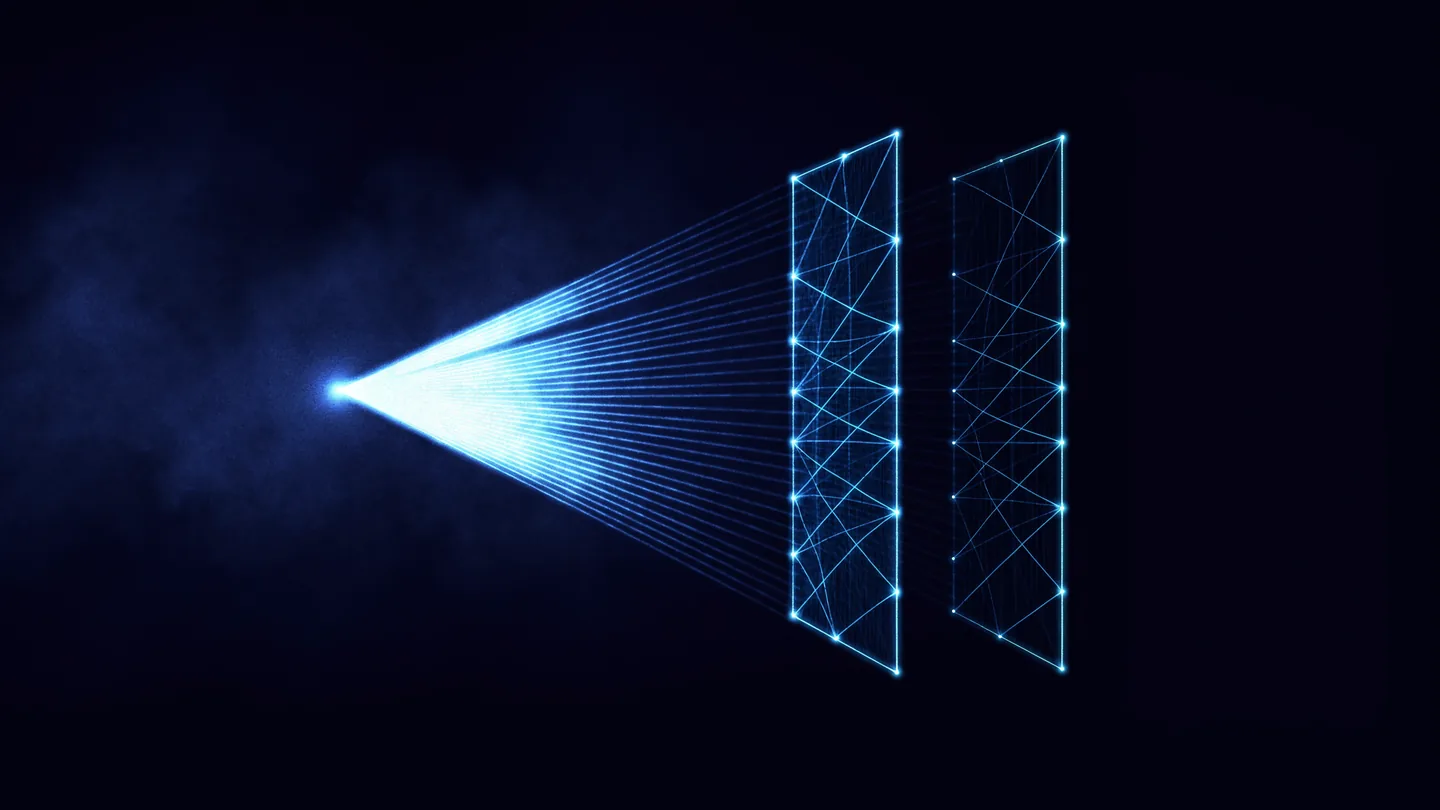 Lines spreading from a single light source into two separate frames; the two frames on the right like mirror images