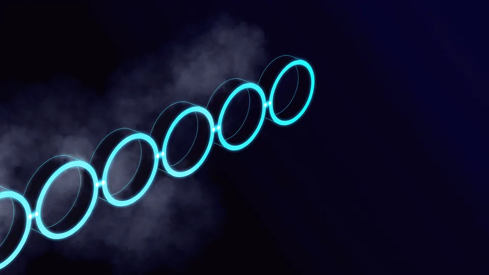 Illuminated rings chained left to right and rising; each ring joined to the next by a bright node