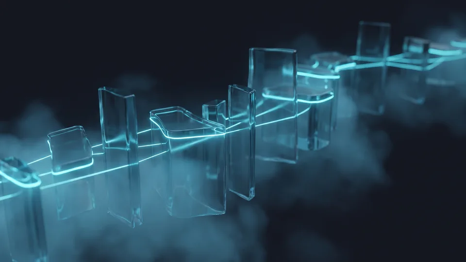 Abstract three-dimensional image of lit blocks lined up along a timeline, representing the weeks of a content calendar