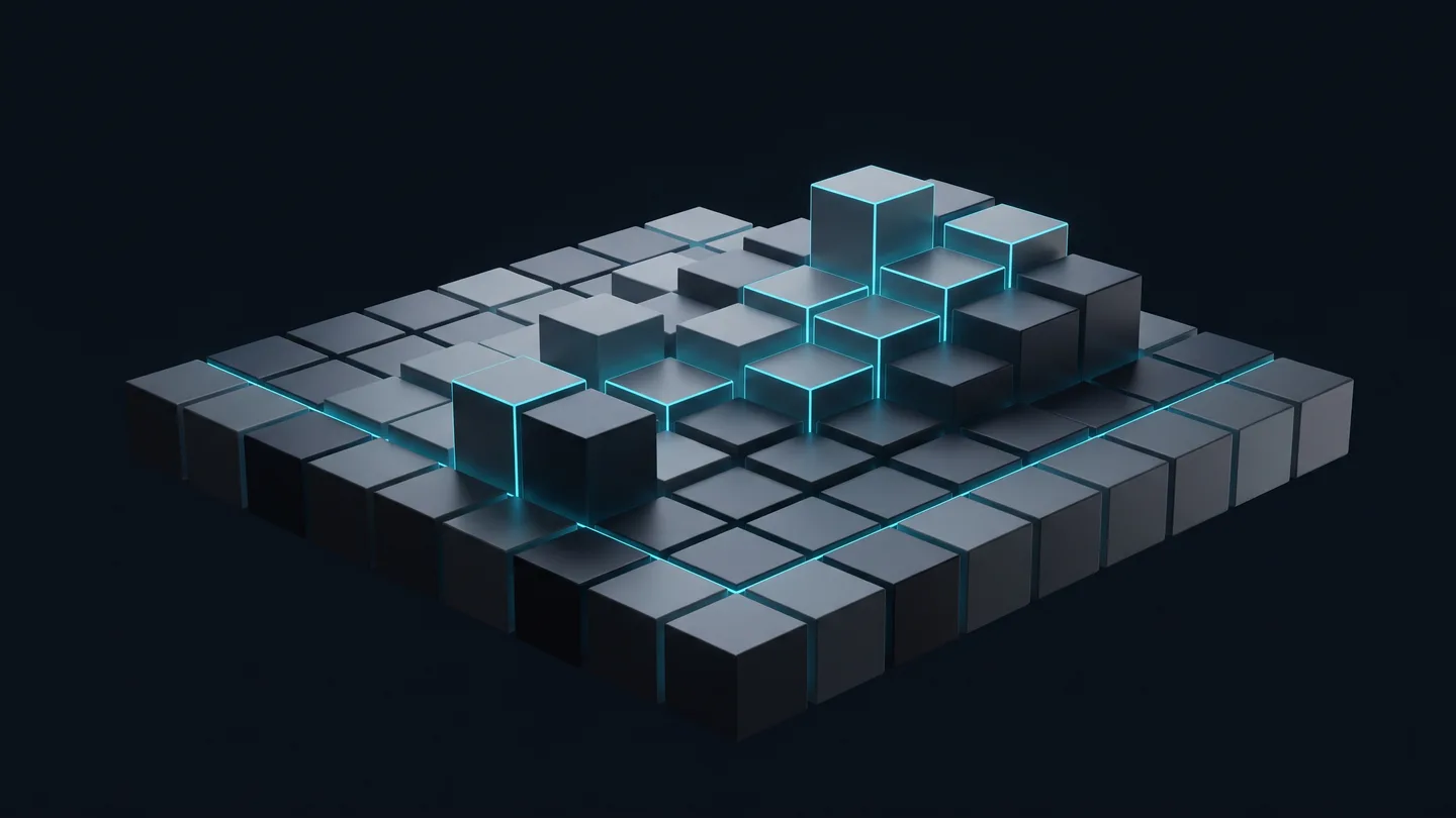 Abstract three-dimensional calendar grid image on a dark background, representing timing in an SEO content strategy