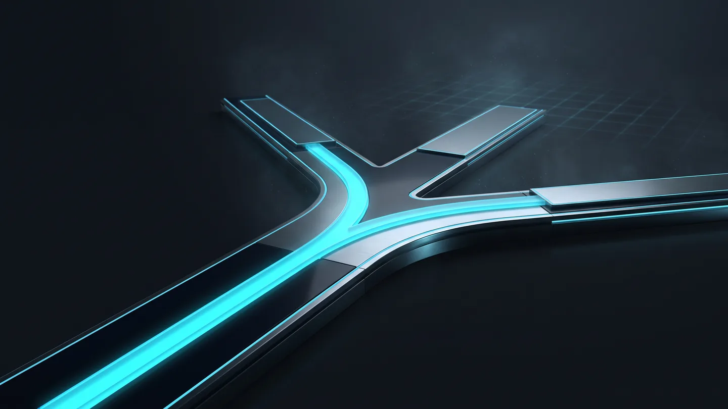 A dark-ground abstract three-dimensional fork-in-the-road image representing channel choice in social media advertising