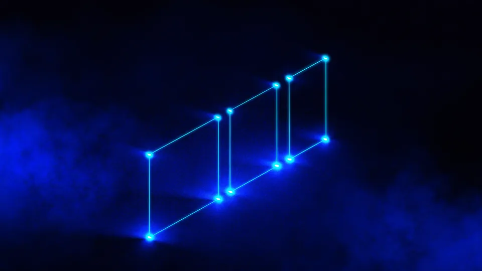 Three empty lit frames in a row; going from left to right they grow narrower and taller