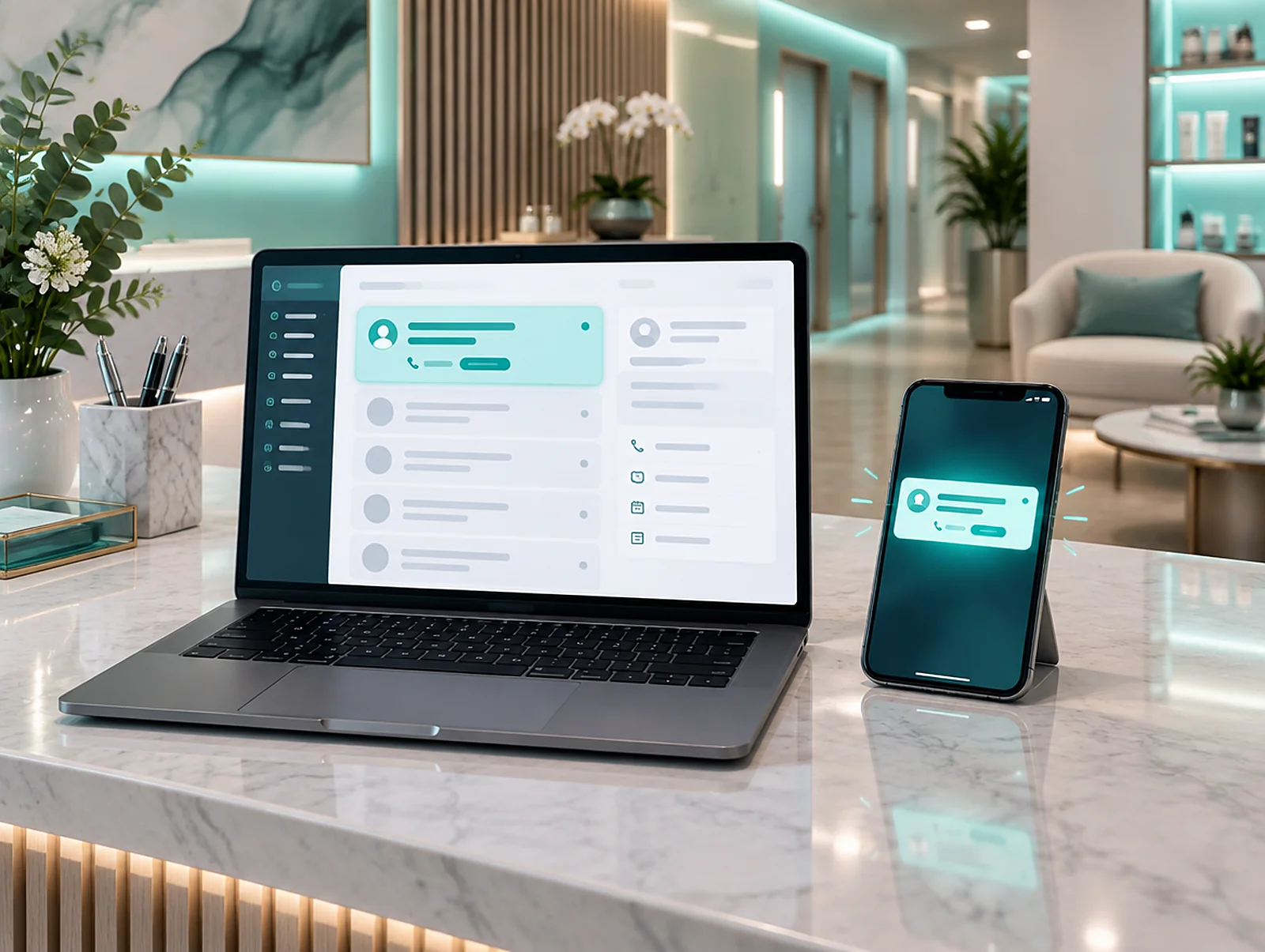 Klinik resepsiyonunda dizüstünde yeni aday kartı ve yanında bildirim ışığı yanan telefon