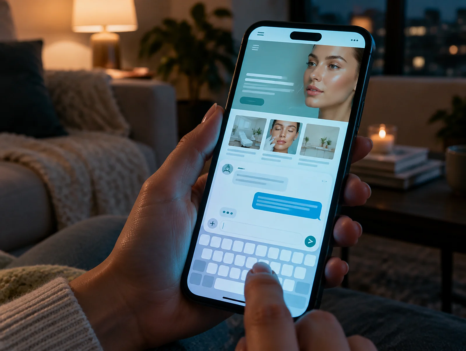 Gece evde telefondan bir klinik sitesine giren kişi, sağ alttaki sohbet penceresine sorusunu yazıyor
