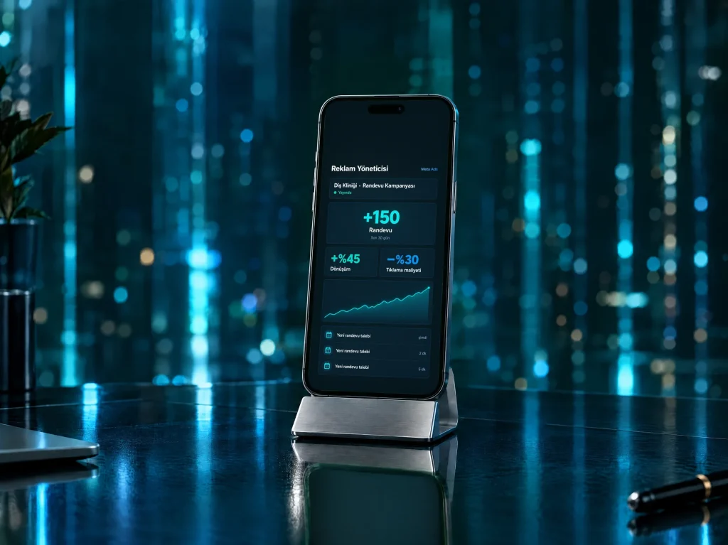 Telefonda reklam yöneticisi sonuç ekranı: +150 randevu, + dönüşüm, − tıklama maliyeti; çevresinde Meta Ads ve Google Ads panelleri, hedef kitle haritası ve dönüşüm hunisi