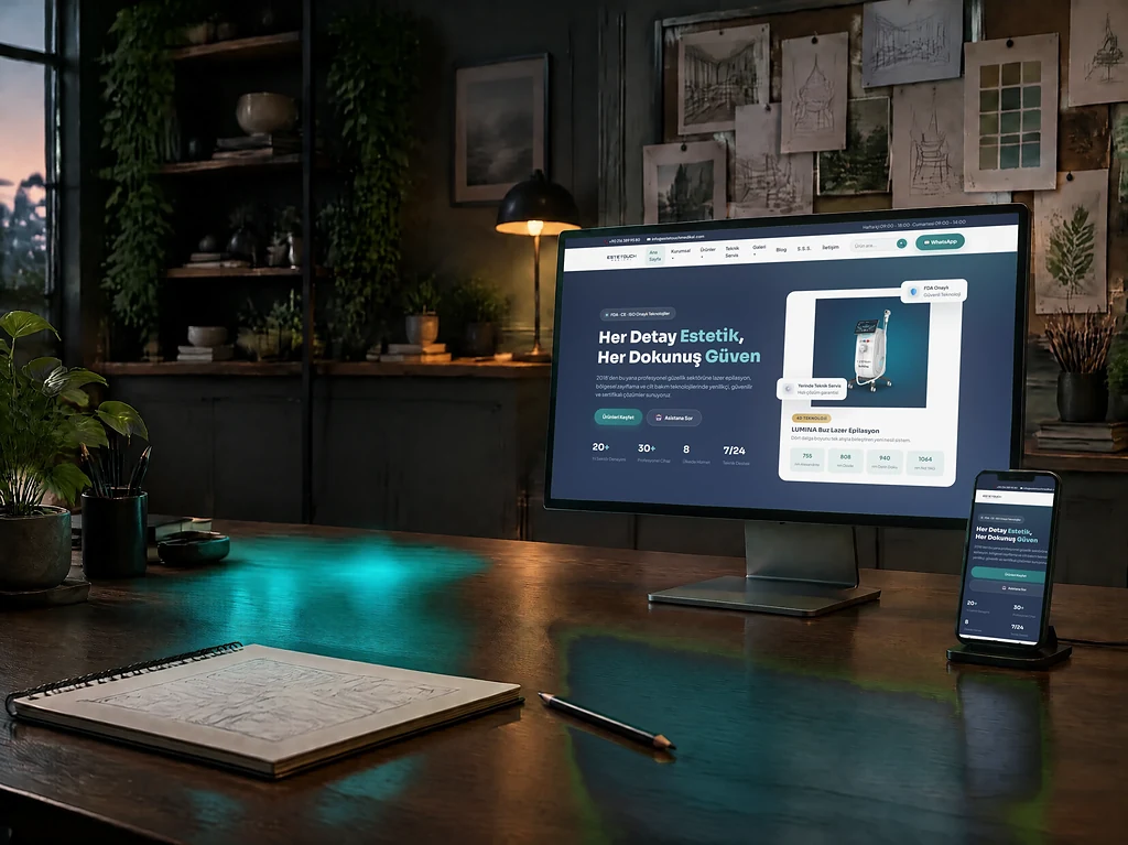 Akşam tasarım stüdyosunda monitörde ve telefonda EsteTouch Medikal sitesi; önünde holografik renk kartelası, sayfa ızgarası ve imleç