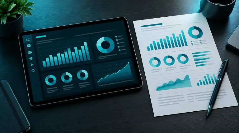Tablette sütun ve halka grafikli sosyal medya analiz paneli; yanında basılı aylık rapor